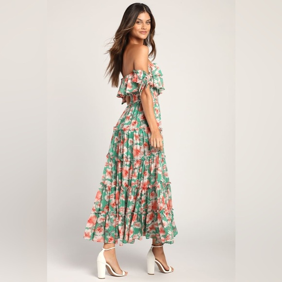 Lulus Chance For Us Green Floral Off-the-Shoulder Ruffled Maxi Dress Size Large. - Picture 12 of 16
